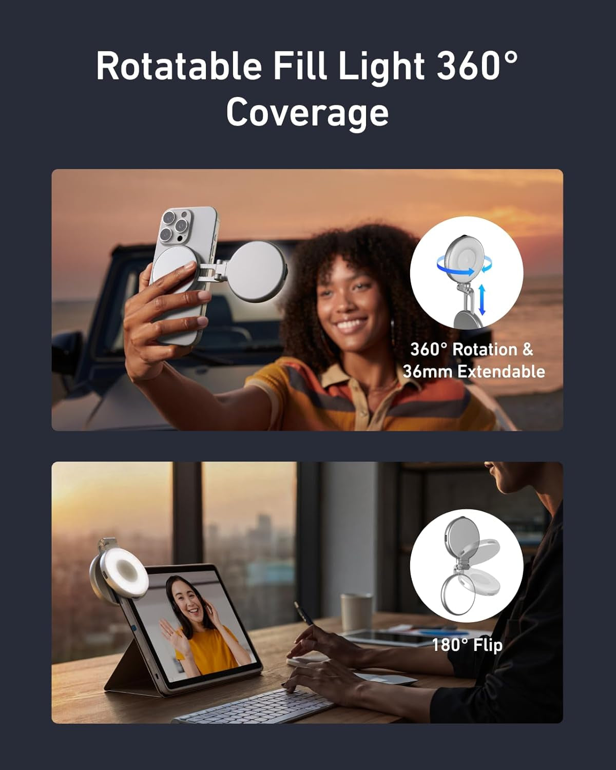 C03 Magnetic Selfie Light, Phone Light Compatible with Iphone Magsafe, CRI97 360° LED Selfie Ring Fill Light with Mirror for Selfies/Photography/Tiktok/Zoom Calls/Video Conference