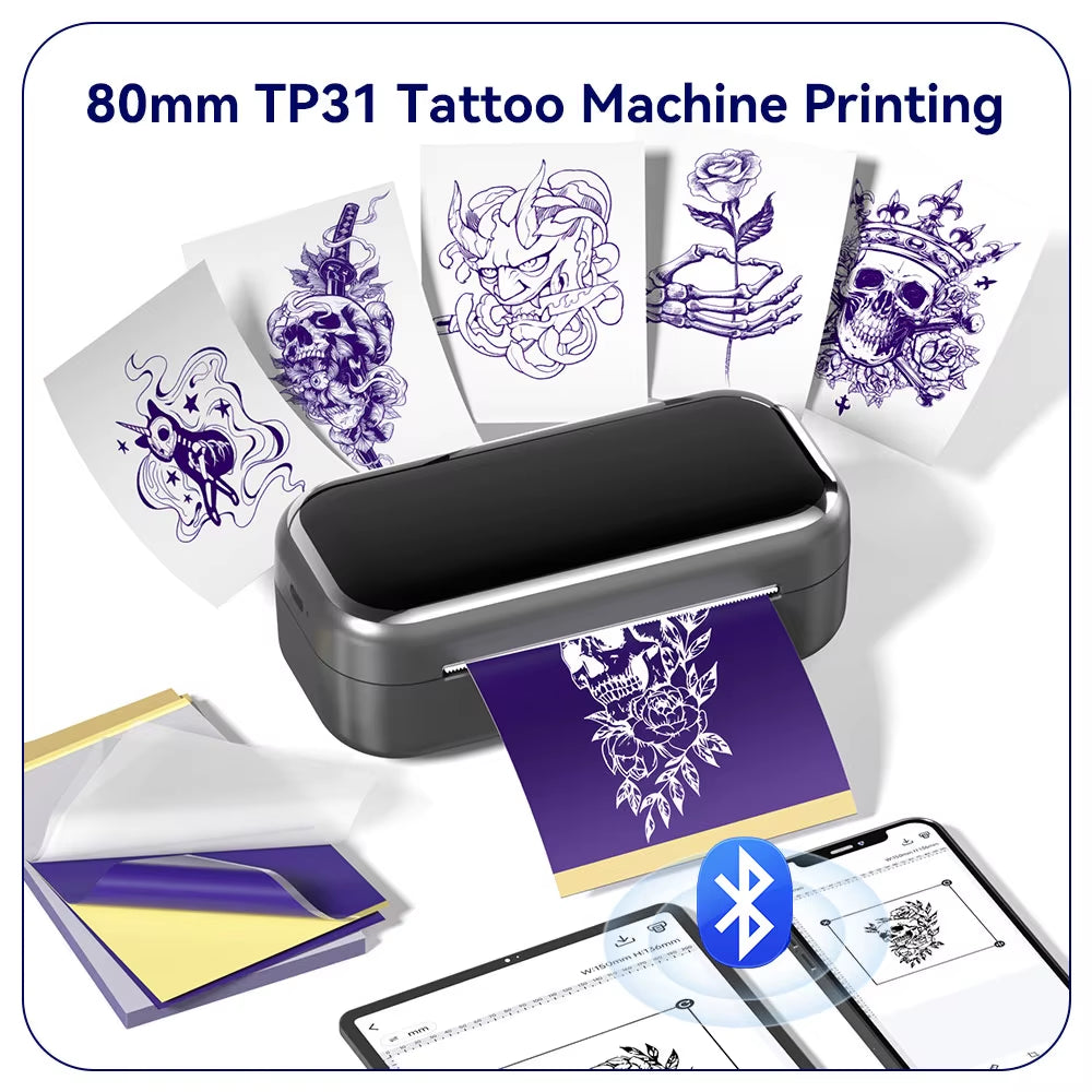 TP31 80Mm Tattoo Stencil Printer Thermal Tattoo Printer with Transfer Paper Wireless Bluetooth Mini Portable Printer DIY Artist