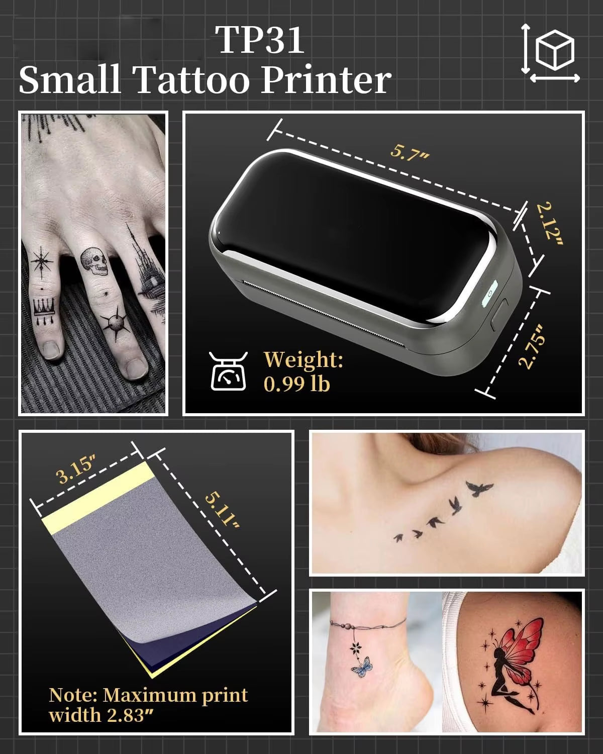 TP31 80Mm Tattoo Stencil Printer Thermal Tattoo Printer with Transfer Paper Wireless Bluetooth Mini Portable Printer DIY Artist